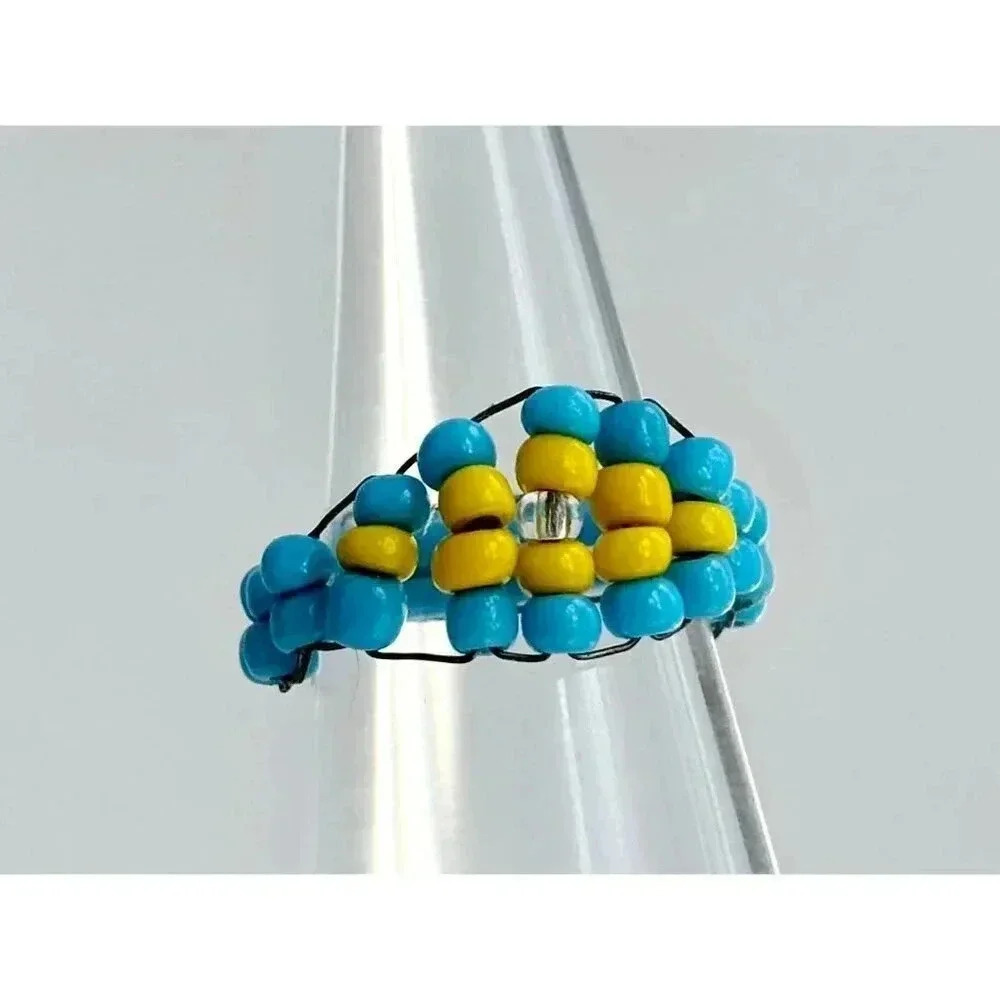 Vintage Handmade Blue & Yellow Beaded Tapered Shank Ring - Size 4